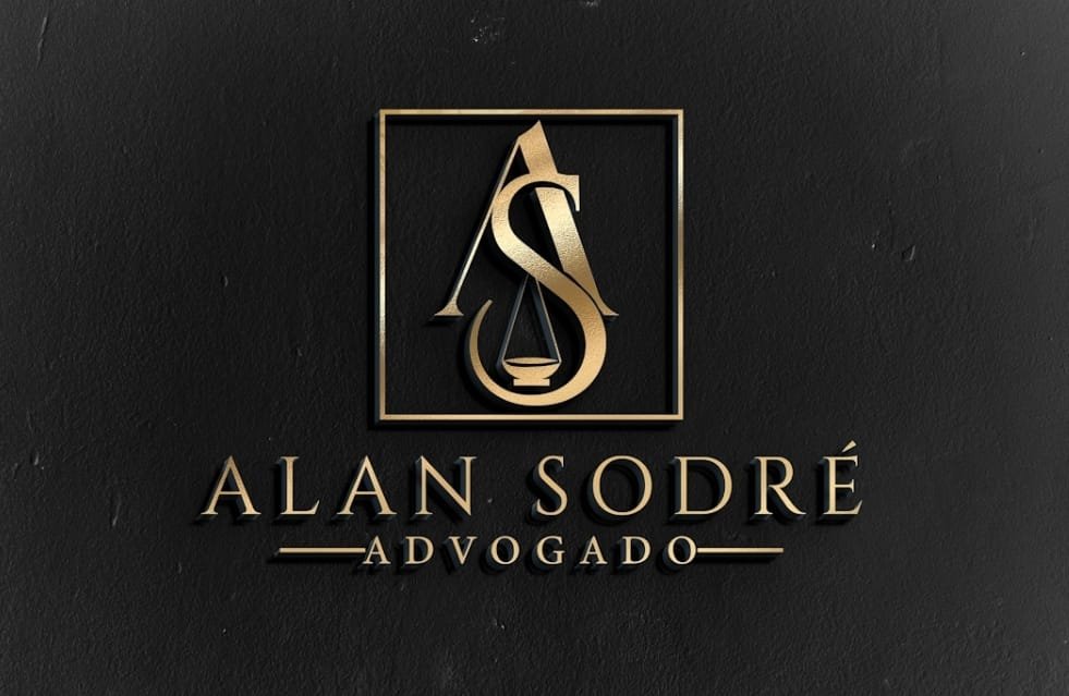 Logotipo do escritório Alan Sodré Advogado, letras douradas com um monograma de balança da justiça